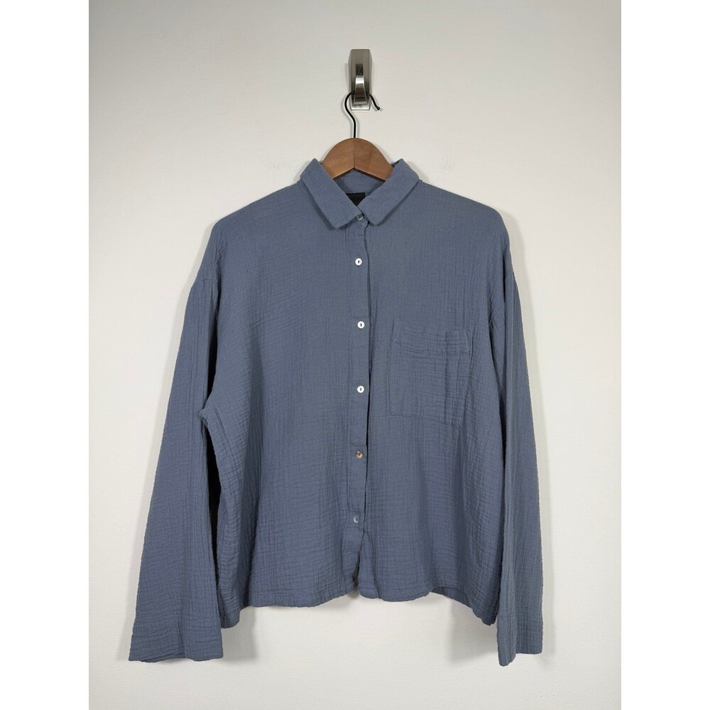 H&M Blue Cotton Gauze Button Front Shirt Oversized Pocket Medium - Picture 1 of 2